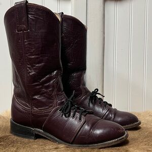 80s Nocona Roper Cowboy Boots 9 Vintage Western Burgundy Maroon Texas USA